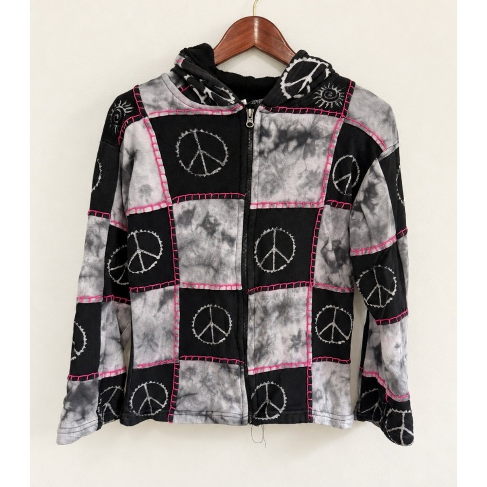 Nepal 100% Cotton Patchwork Tie Dye Peace Sign Zip Up Hoodie Black Pink Sz L/XL